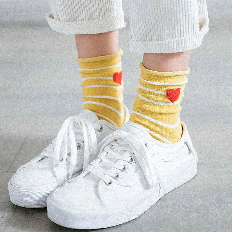 Striped Love Heart Cotton Women Socks - Soft & Cozy Socks
