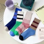 Cotton Knitted Women's Striped High Socks - Casual Korean Retro Streetwear