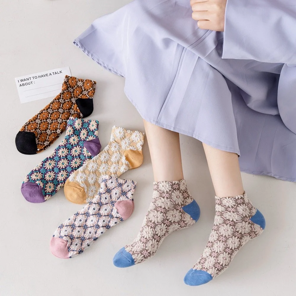 5 Pairs Women's Vintage Floral Socks – Cotton Harajuku Ankle Socks
