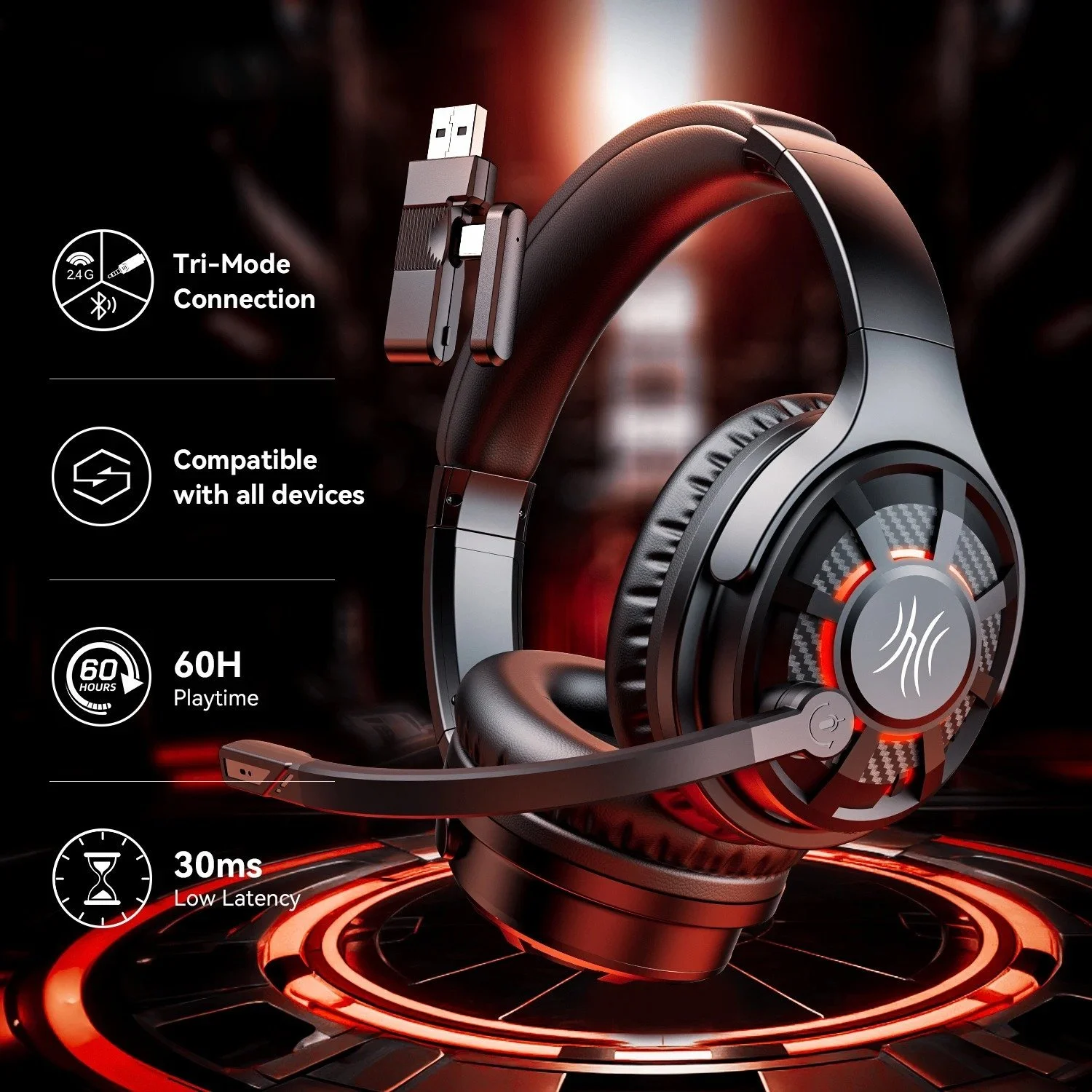 2.4GHz Wireless Gaming Headset with Low Latency, 60H Battery Life, and RGB Backlighting