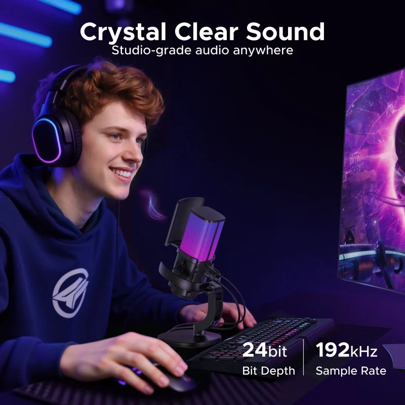 USB Microphone with RGB Lighting and Touch Mute for Gaming, Streaming & Podcasting