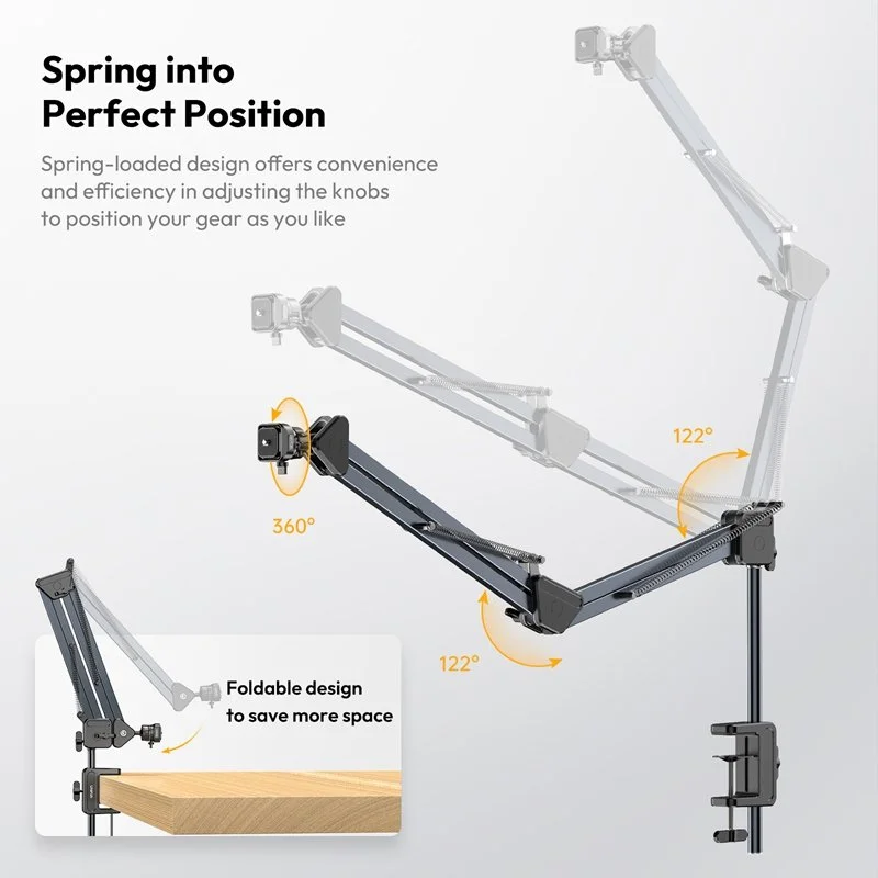 Overhead Camera Mount Microphone Stand with Detachable C-Clamp – 4.4lb Load