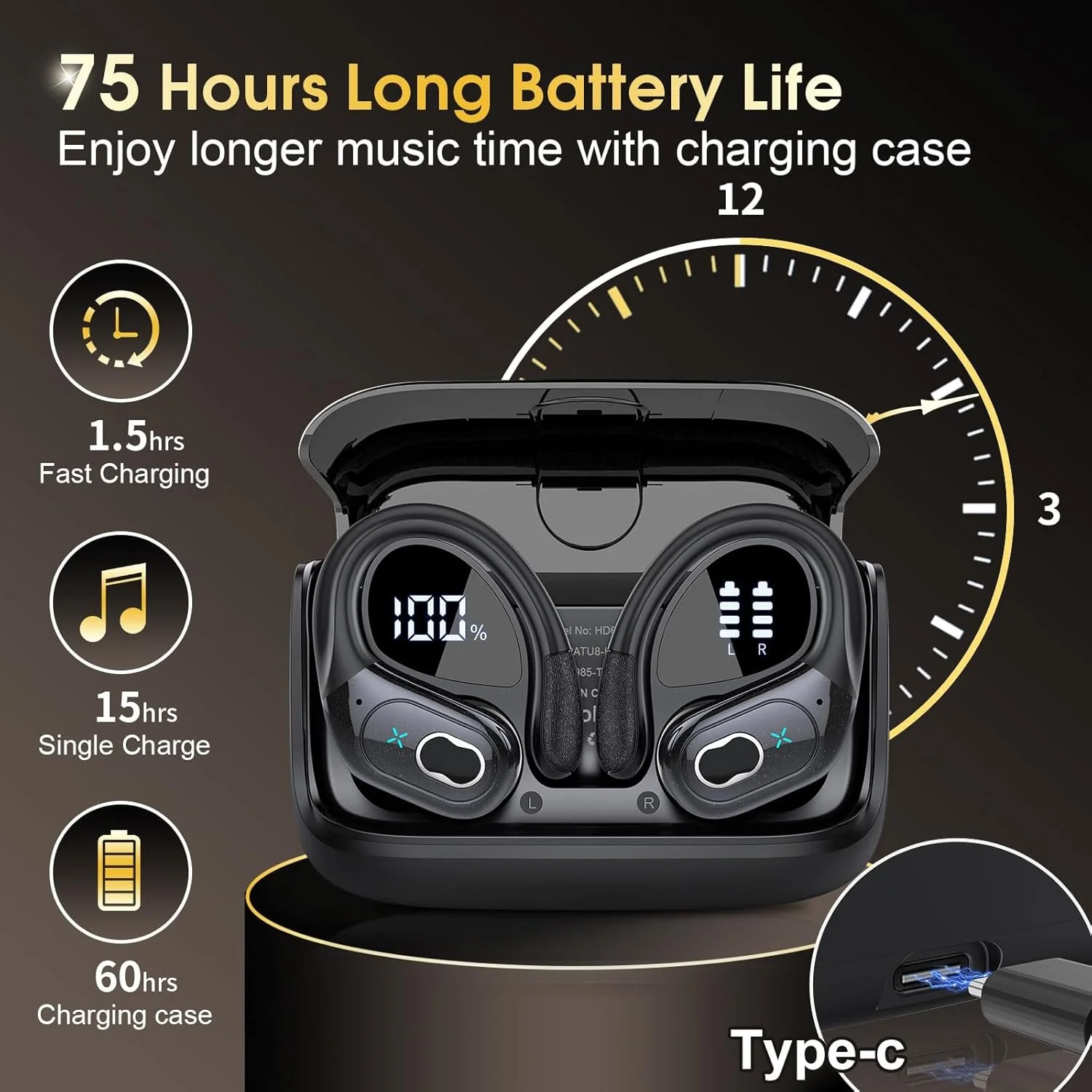 Bluetooth 5.4 Sports Wireless Earbuds with Ear Hooks & 75H Playtime