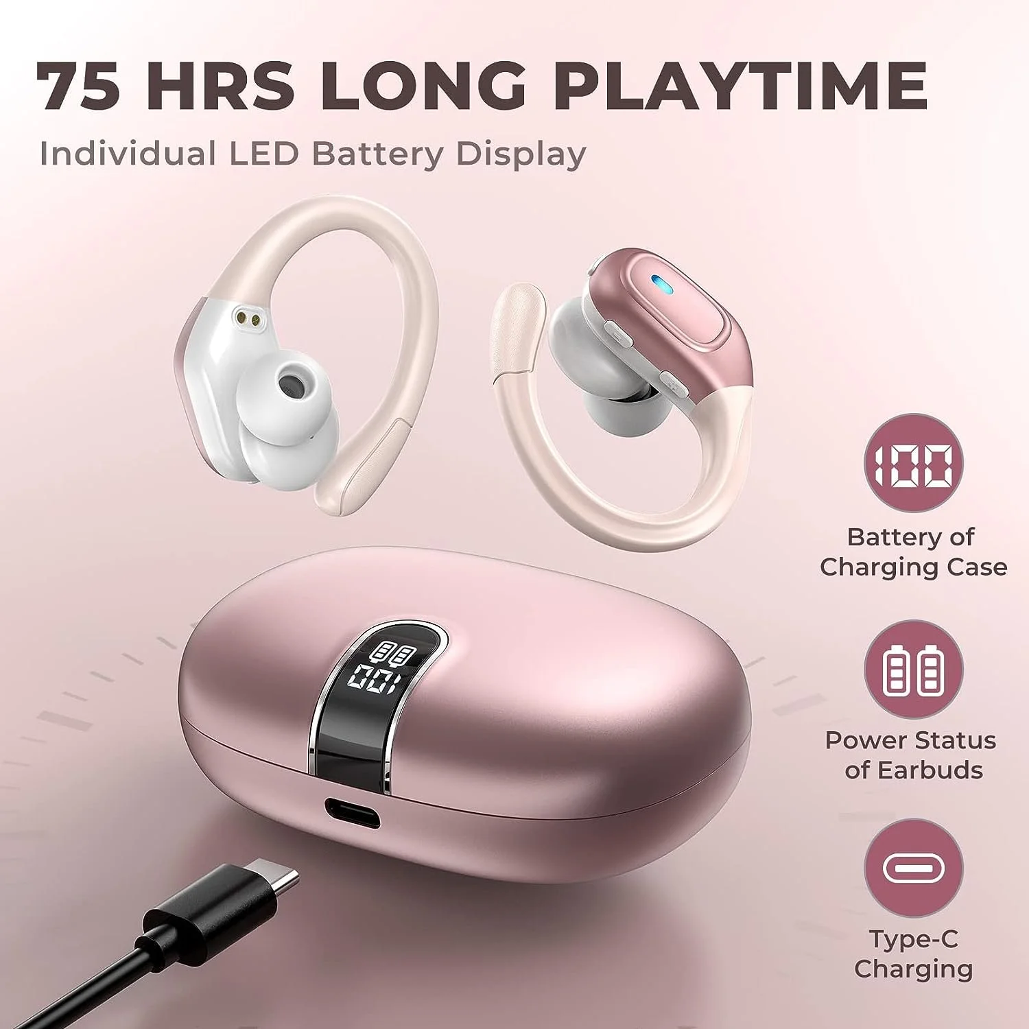 Bluetooth 5.3 Sport Earbuds with Ear Hooks, Deep Bass & 75H Playtime
