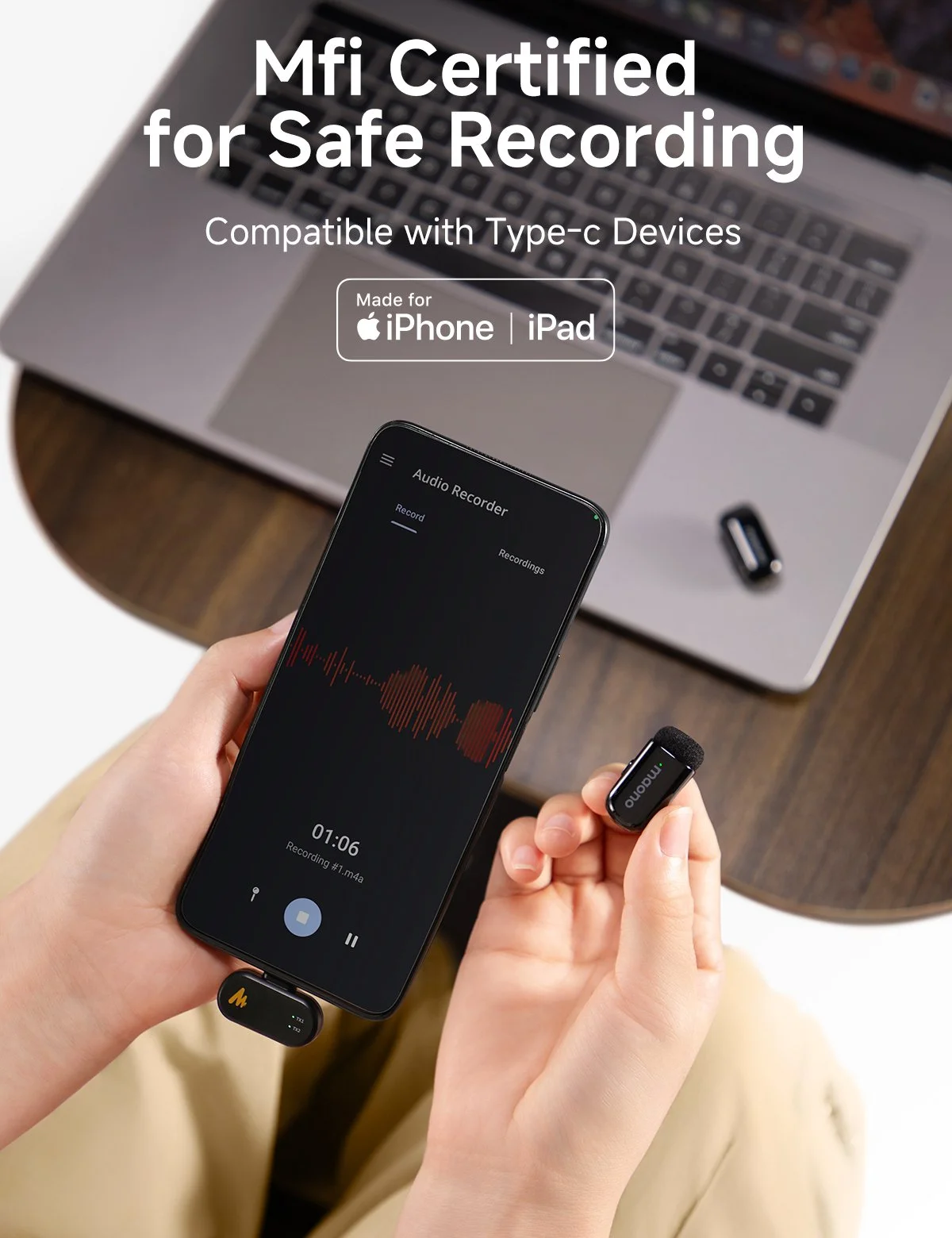 Wireless Lapel Microphone with AI Noise Cancellation for Phone