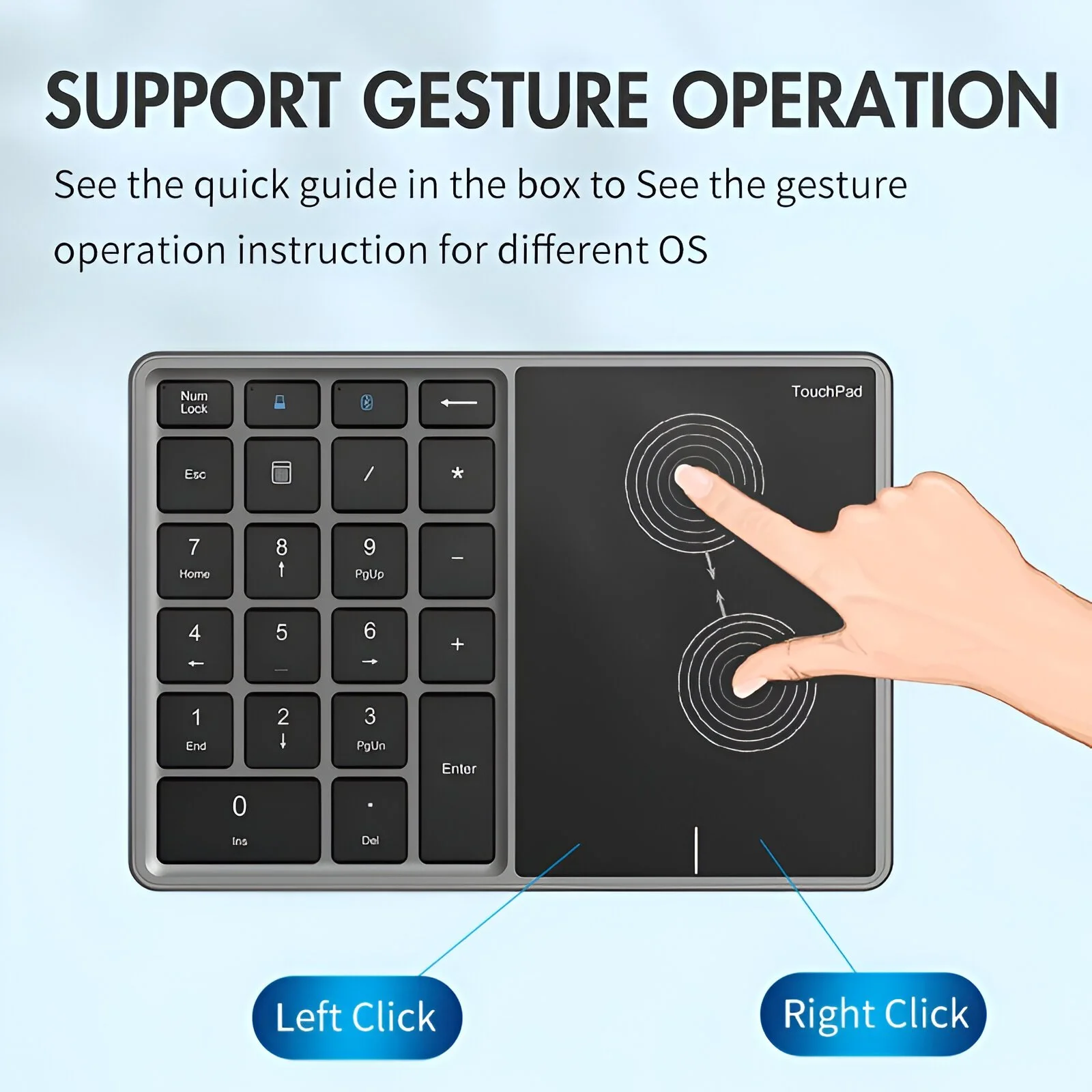 Wireless Bluetooth Numeric Keypad with Touchpad & Rechargeable Battery
