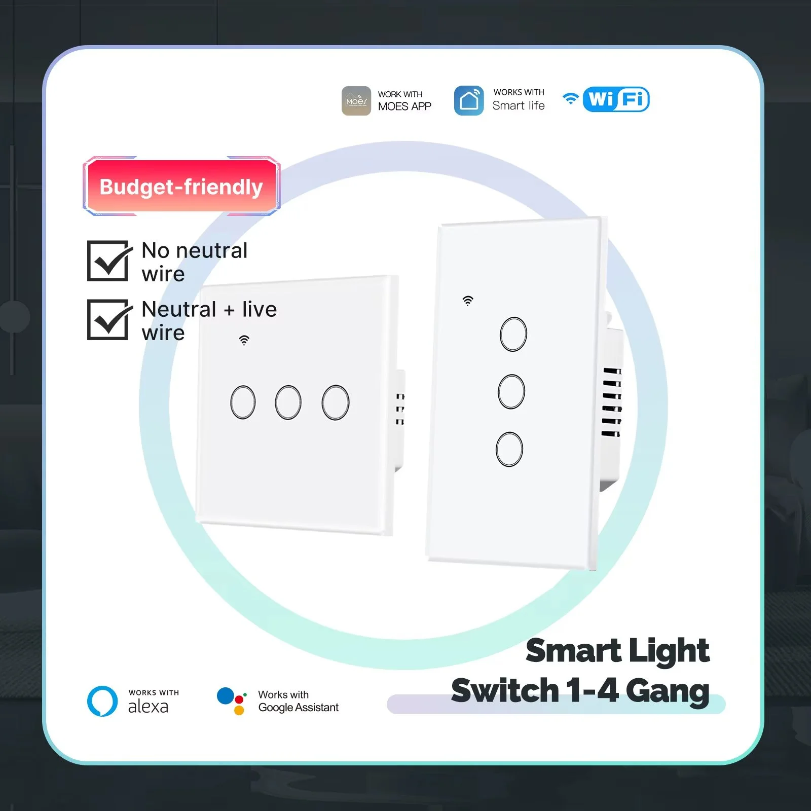 Smart WiFi Glass Touch Light Switch No Neutral Wire Voice & App Control