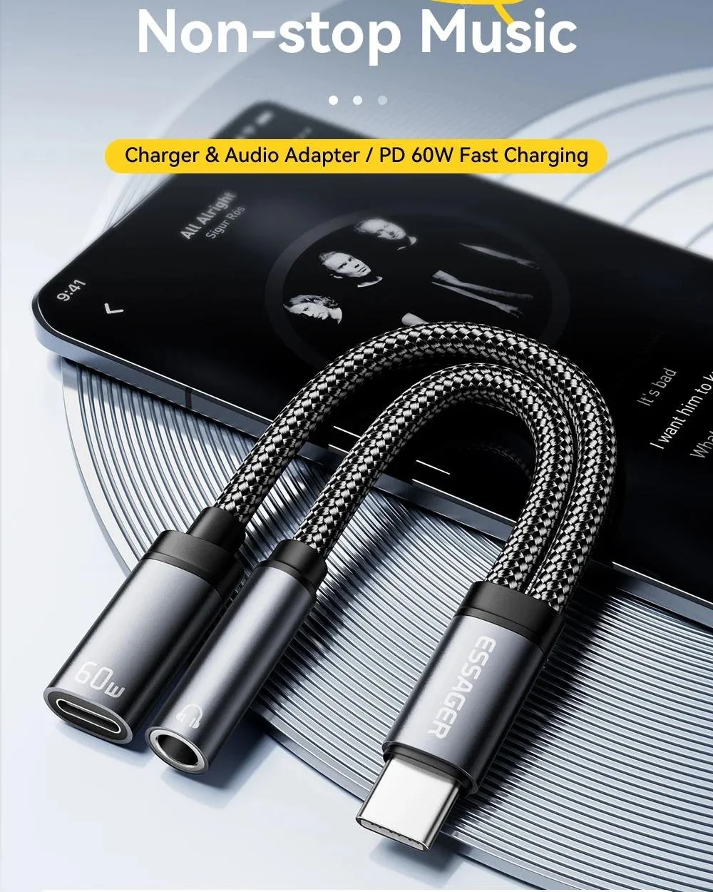 2-in-1 USB-C to 3.5mm Audio Adapter with 60W Fast Charging