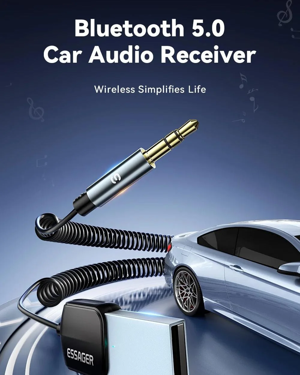 Wireless Bluetooth 5.0 AUX Car Audio Adapter with USB Power