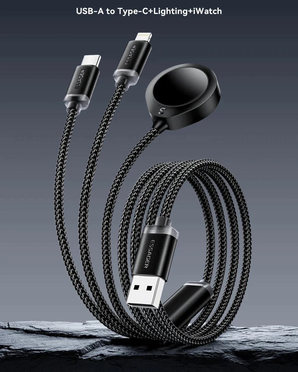 3-in-1 USB-A Fast Charging Cable for iPhone, iWatch & USB-C Devices