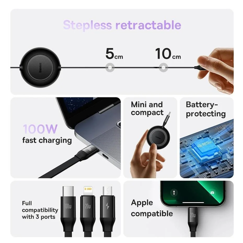 Retractable 100W 3-in-1 USB-C Fast Charging Cable