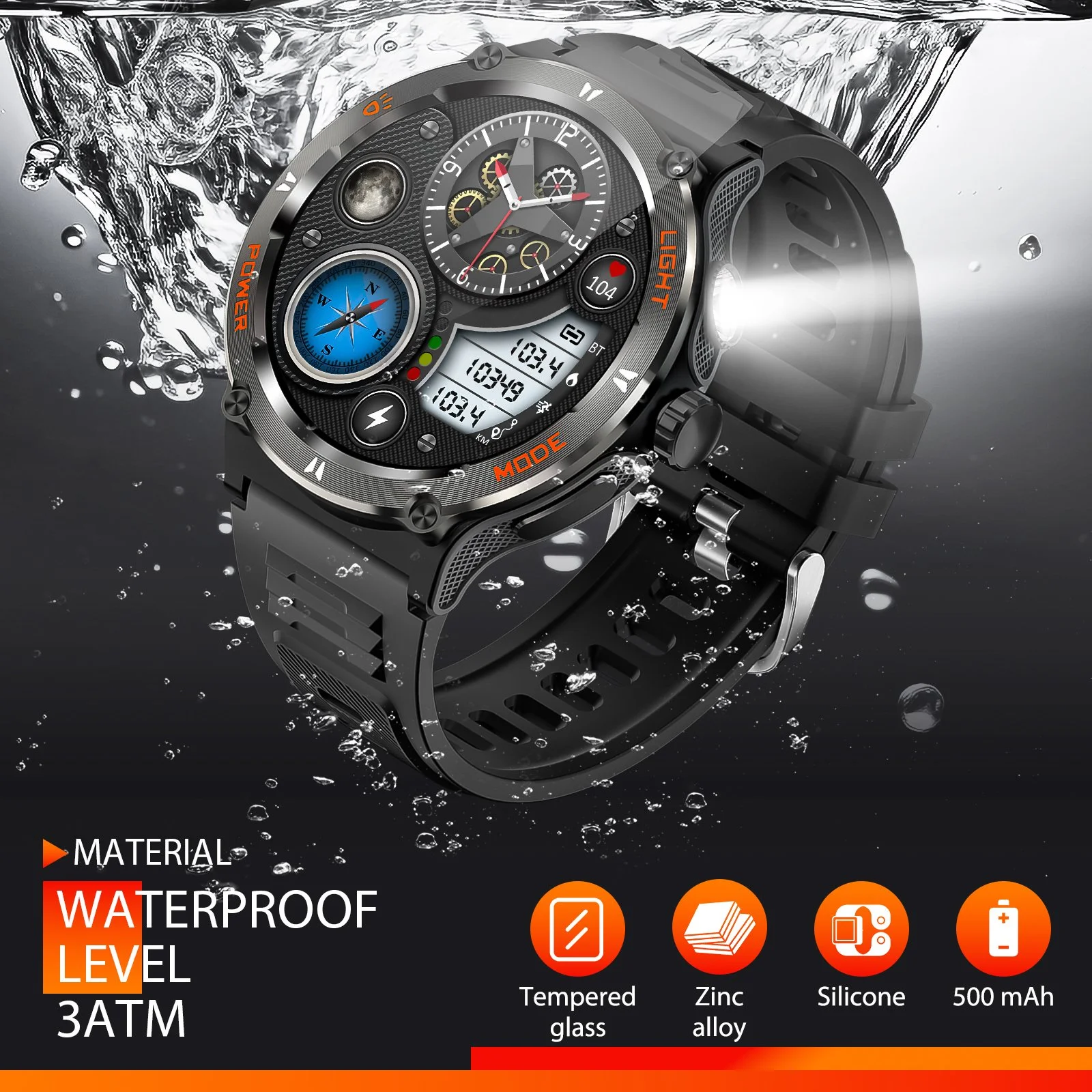 Rugged Sport Smartwatch with Compass, Flashlight & Bluetooth Calling