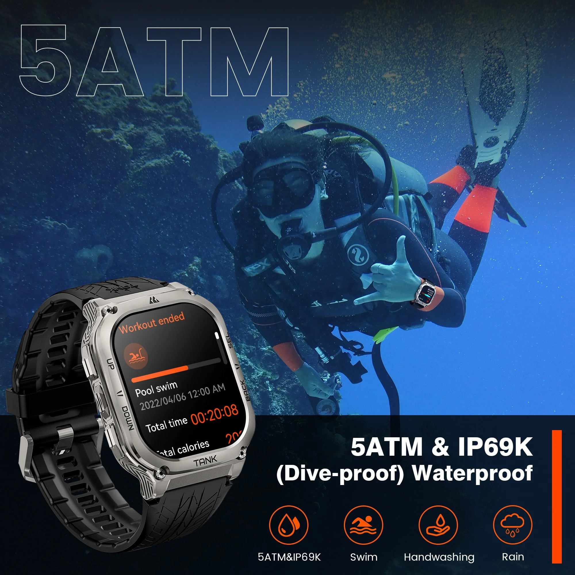 Rugged AMOLED Bluetooth Smartwatch with Fitness Tracking & Waterproof Design