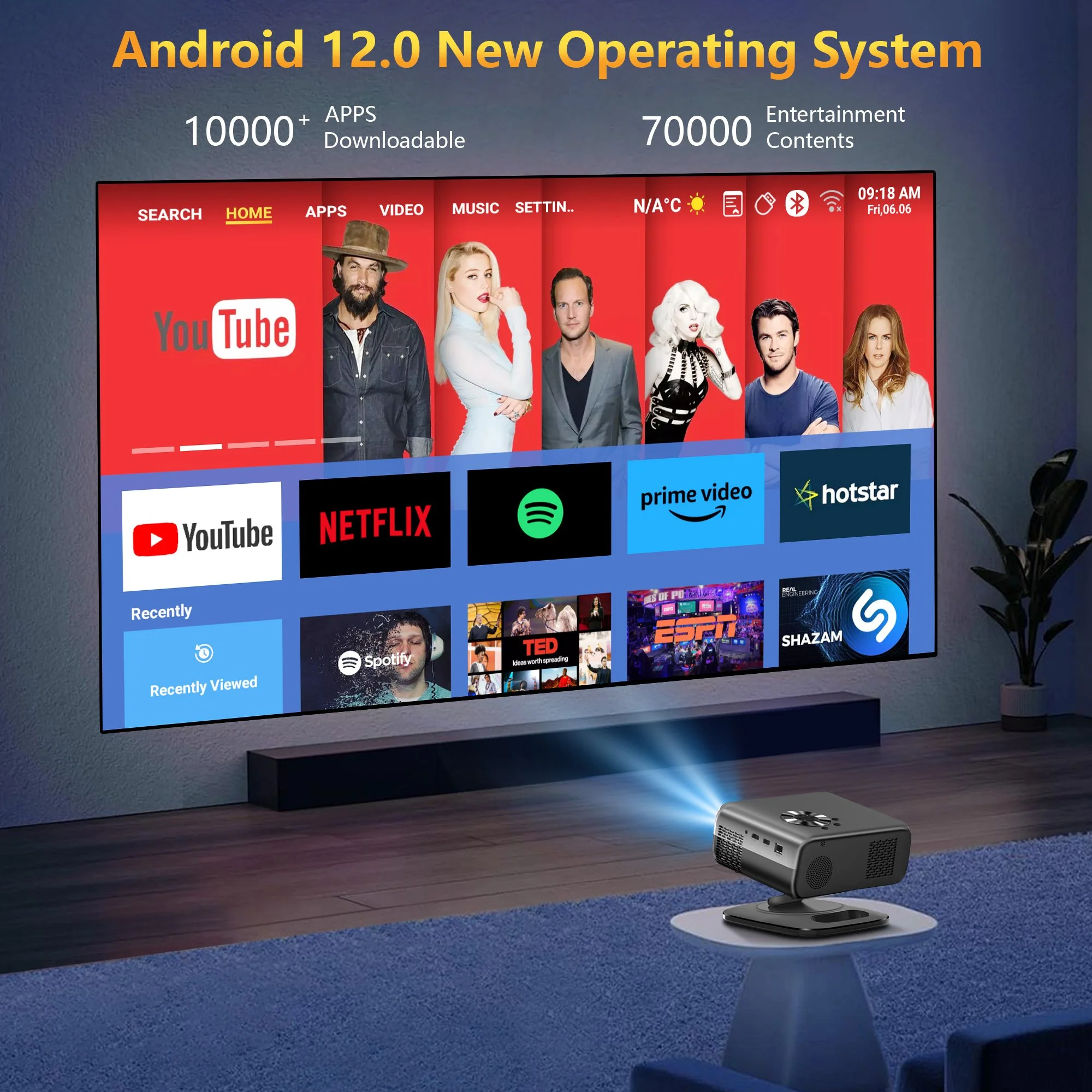 Portable 4K Mini Projector with Android 12, WiFi 6, Auto Focus & 25000 Lumens