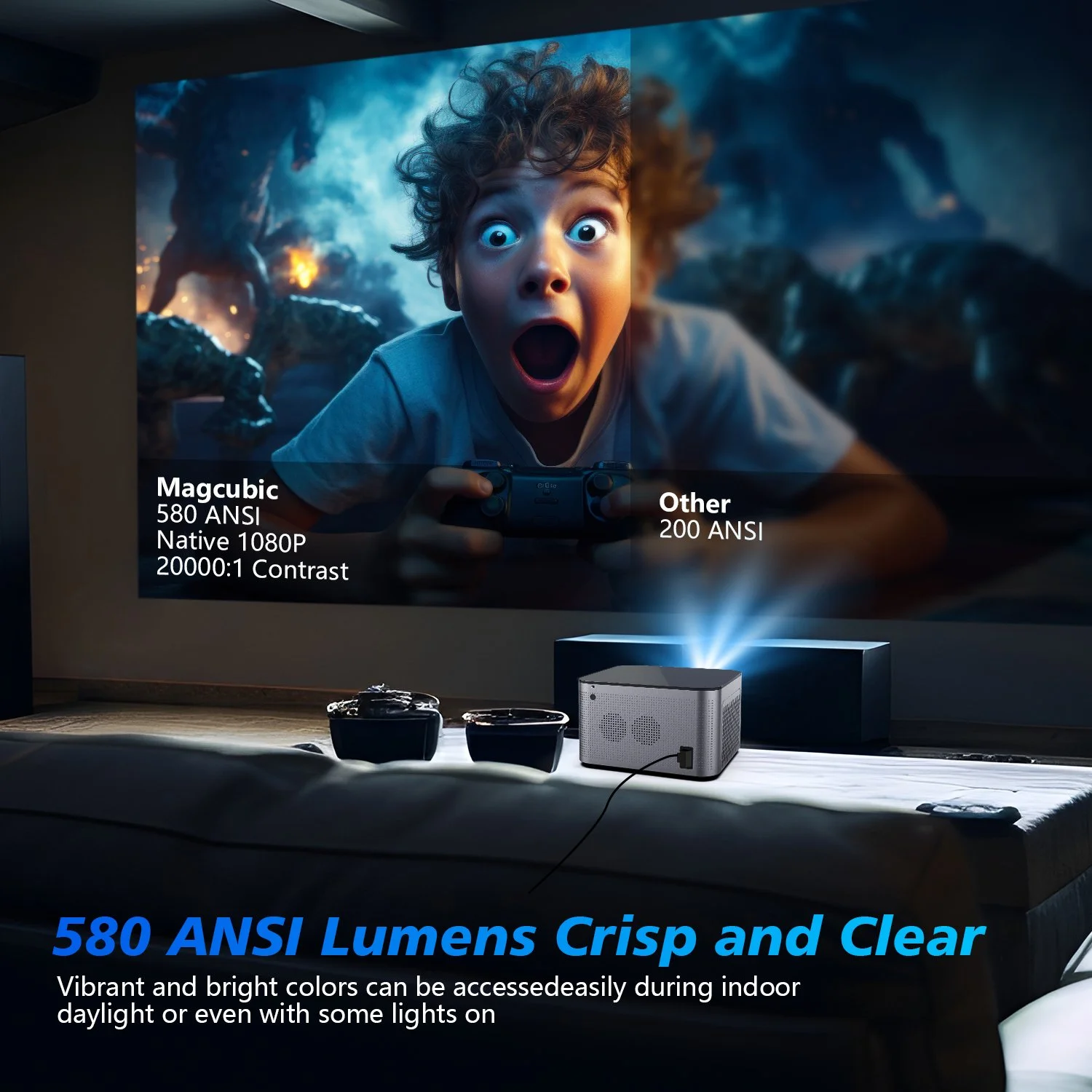 4K Smart Projector with Android 11, WiFi 6, BT 5.0, and Electric Focus – 580 ANSI, 1080P HD Resolution