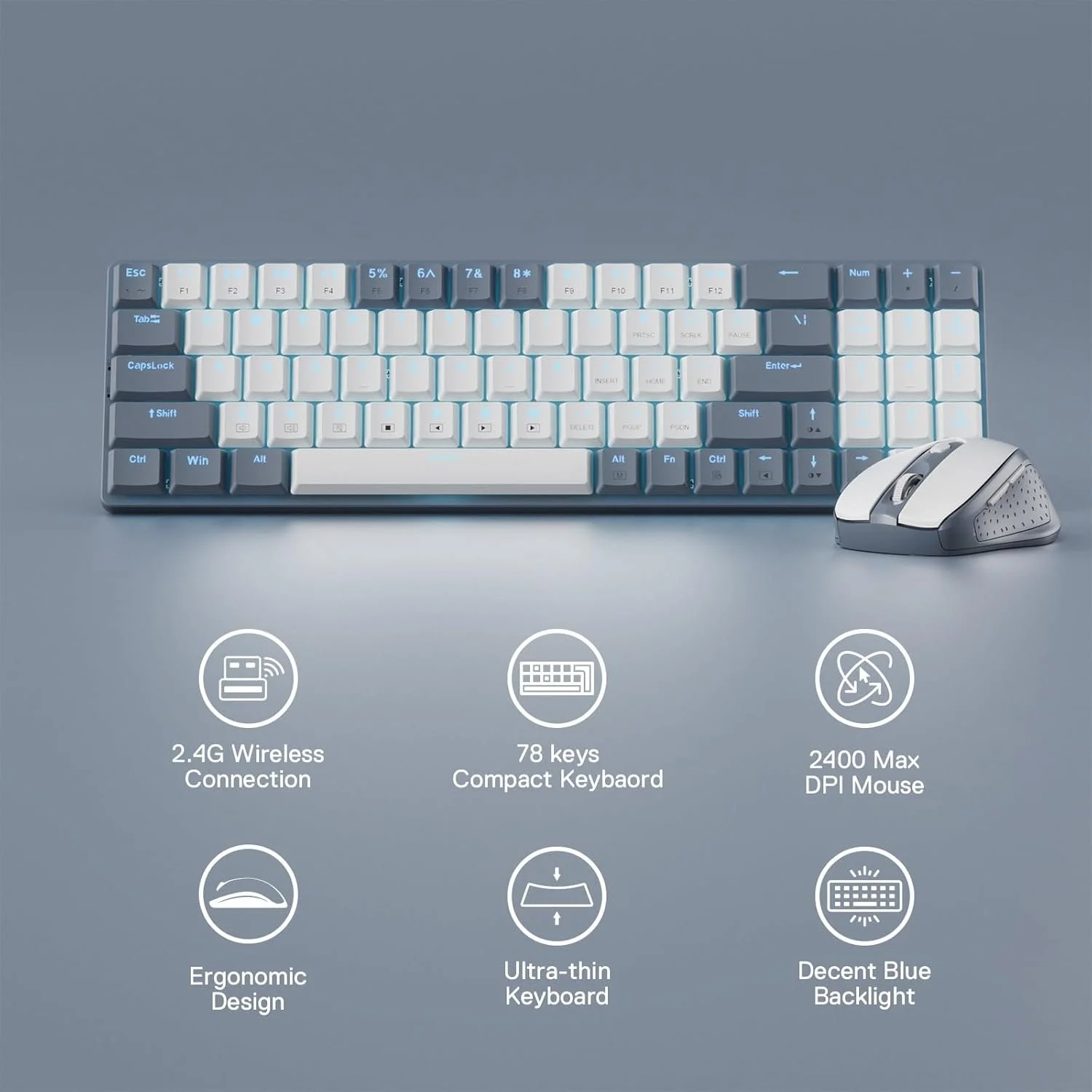 Wireless Keyboard and Mouse Combo, 78 Keys Low-Profile Mechanical Keyboard with 2400 DPI Mouse