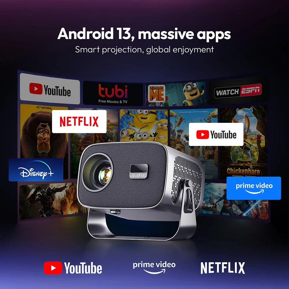 Mini Portable 1080P 4K Projector with Android 13, WiFi 6, and 360° Rotating Design