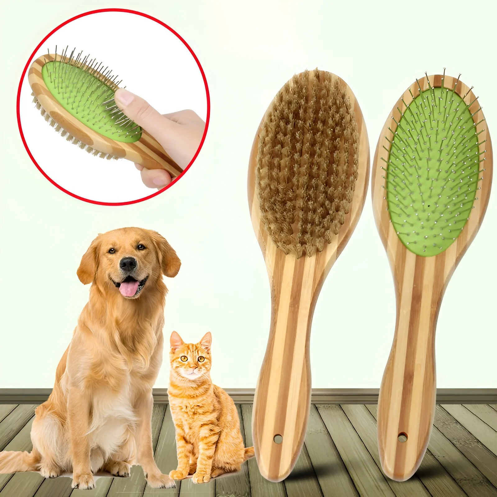 Double-Sided Bamboo Dog Brush – Grooming & Massage Comb for Dogs & Cats