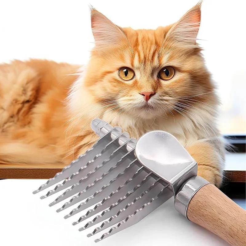 Stainless Steel Dog & Cat Deshedding Comb with Long Wooden Handle