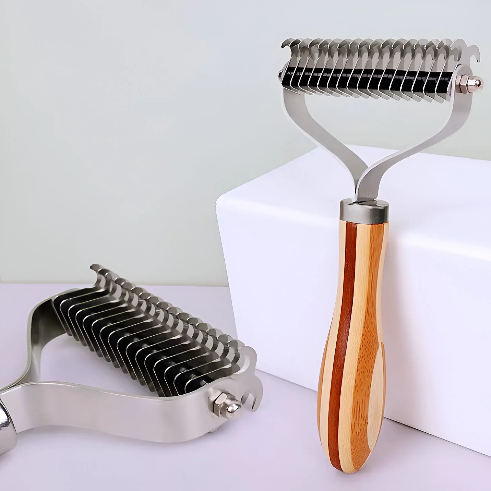 Double-Sided Bamboo Dog & Cat Comb - Stainless Steel Pet Hair Remover & Brush