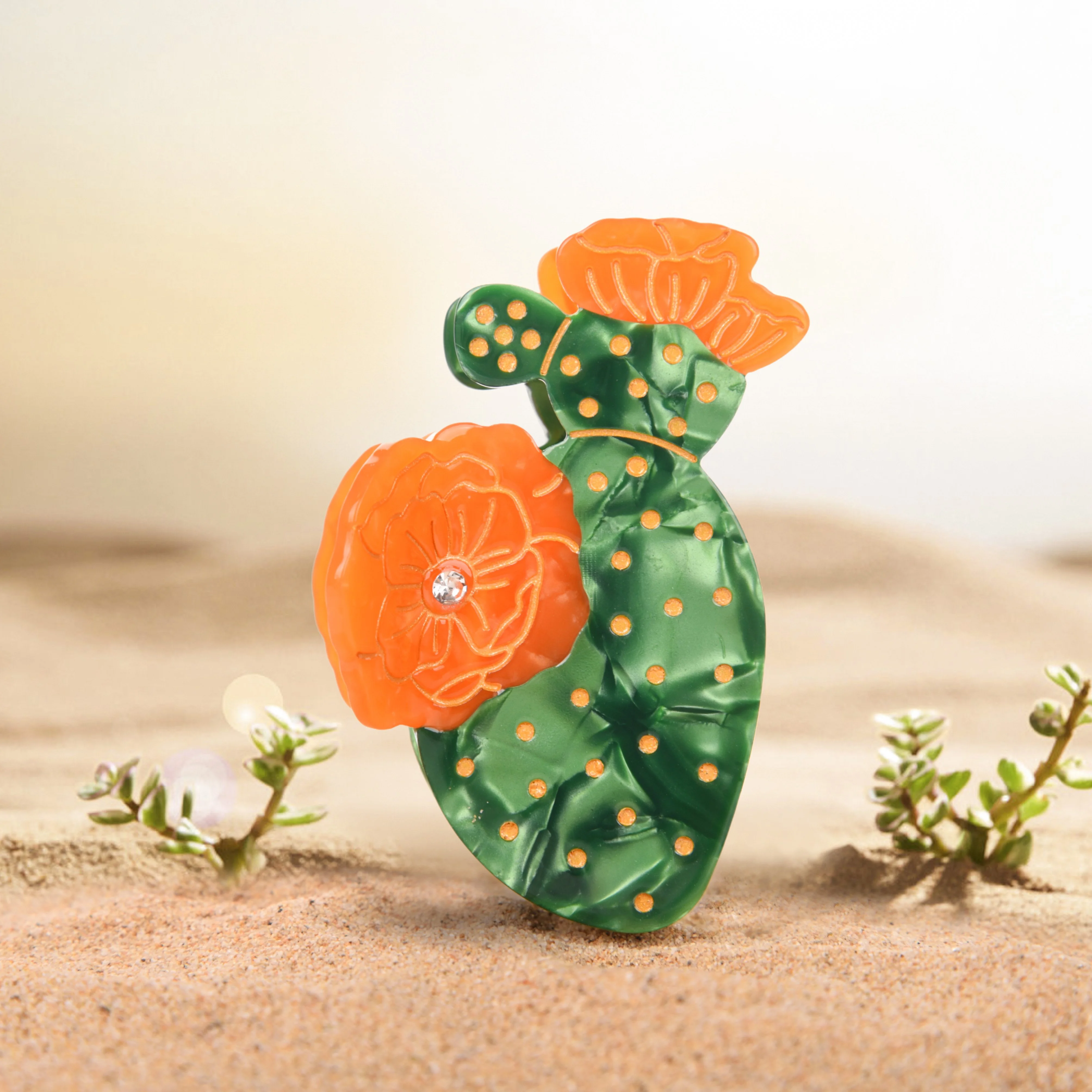 Desert Cactus Rhinestone Acetate Hair Claw Clip for Women and Girls