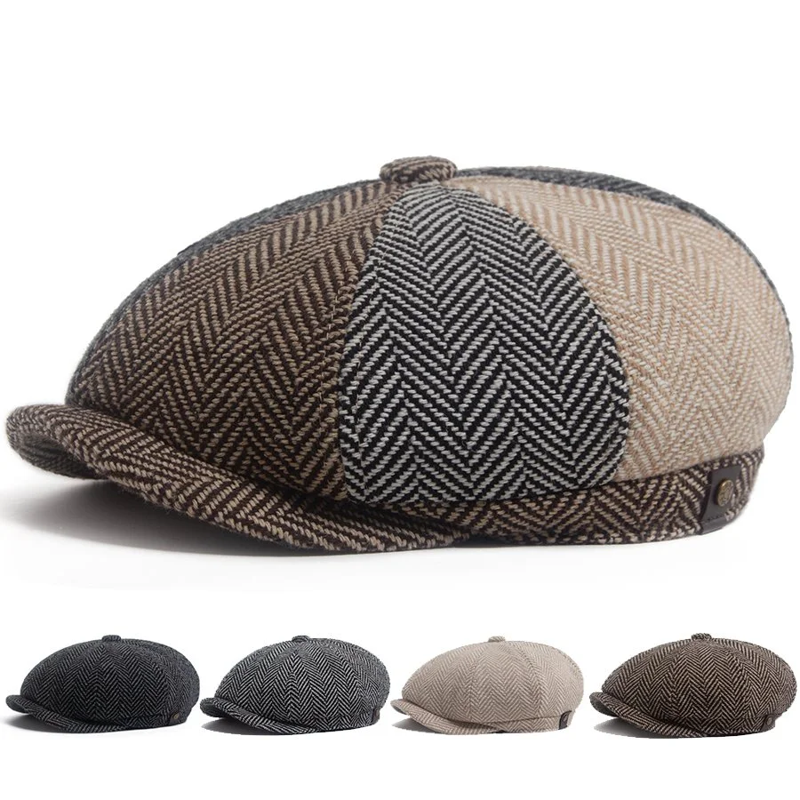 Retro Herringbone Newsboy Cap Unisex Warm Wool Beret for Autumn
