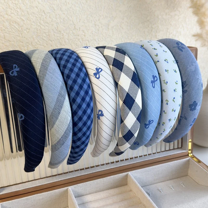 Retro Blue Check Wide Bow Headband