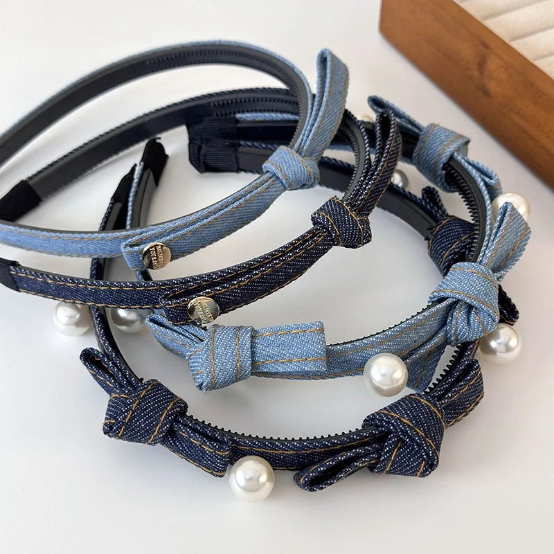 Retro Denim Blue Bow Pearl Headband - Women’s Chic Fashion Hair Accessory