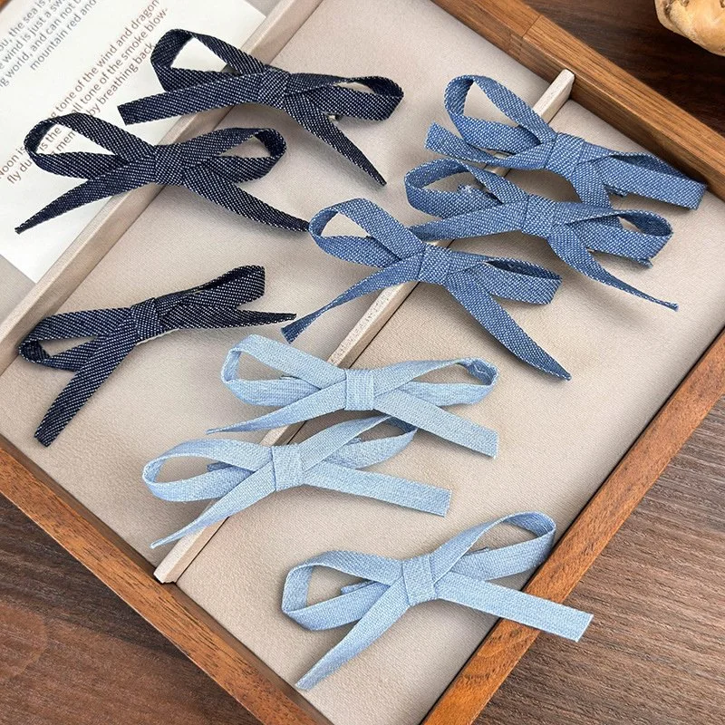 3pcs Denim Blue Bow Hair Clips Set – Retro Fabric Barrettes & Duckbill Hairpins
