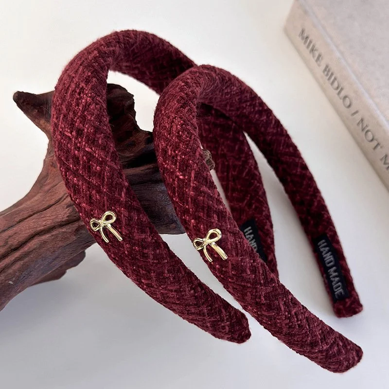 Elegant Red Plush Headband with Gold Bow