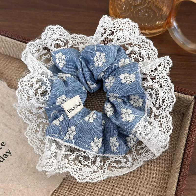 Denim Embroidered Flowers Lace Hair Scrunchies - Elegant Accessories