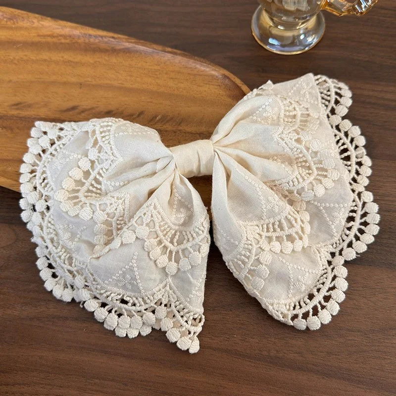 Elegant White Lace Bow Hair Clip – Large Embroidered Barrette