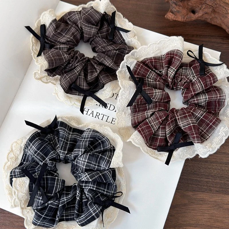 Retro Plaid Lace Hair Scrunchies with Bow - Fashionable Hair Accessories
