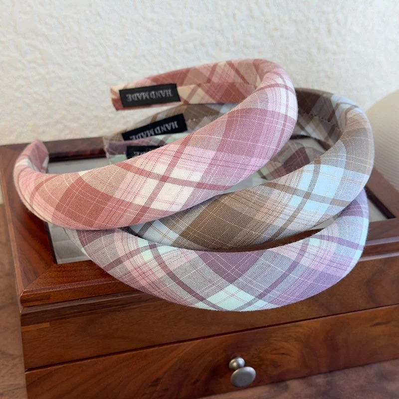 Spring Plaid Wide Padded Headband – Chic Cotton Blend Hair Accessory