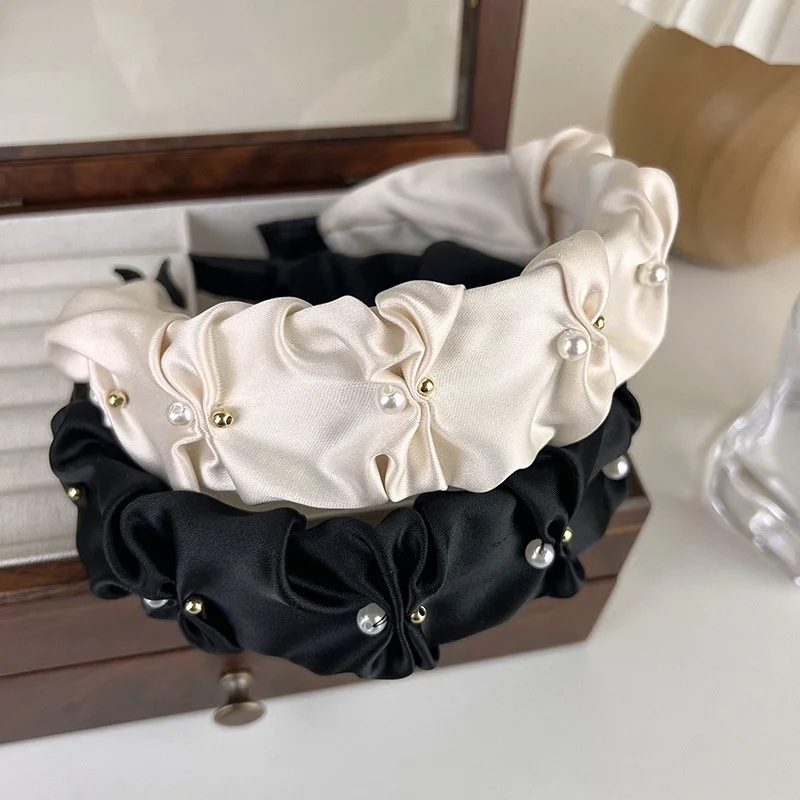 Elegant Satin Pearl Wide Headband for Women – Chic & Versatile Hair Accessory