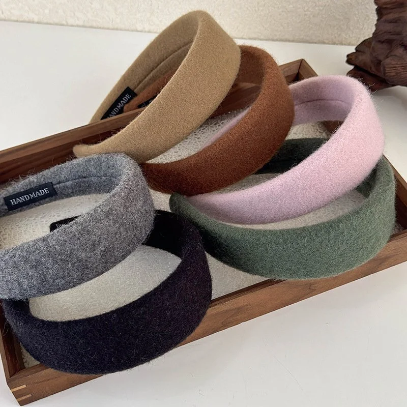 Retro Woolen Plush Wide Headband – Solid Color Hair Accessory for Women