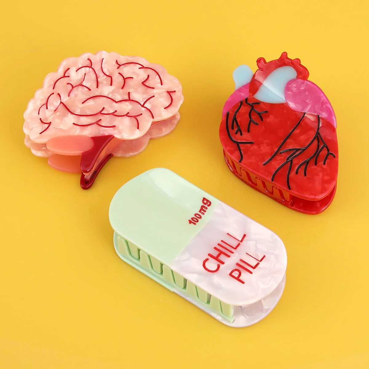 Personalised Acetate Brain, Heart & Chill Pill Hair Claw Clip