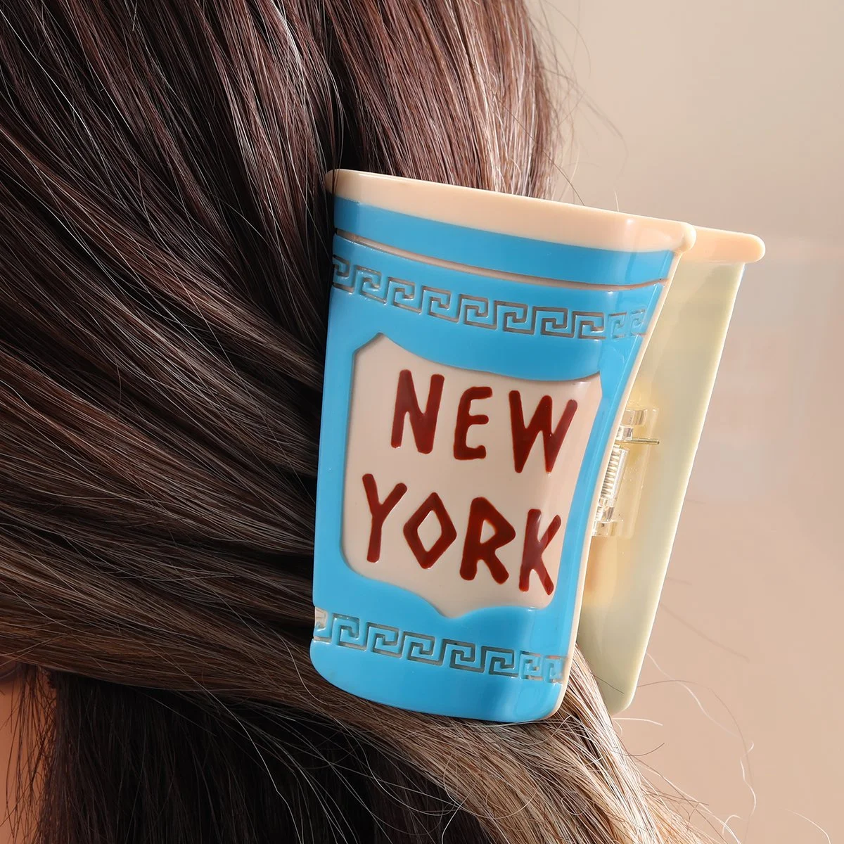 Blue New York Letter Rectangle Hair Claw Clip – Stylish Coffee Cup Design