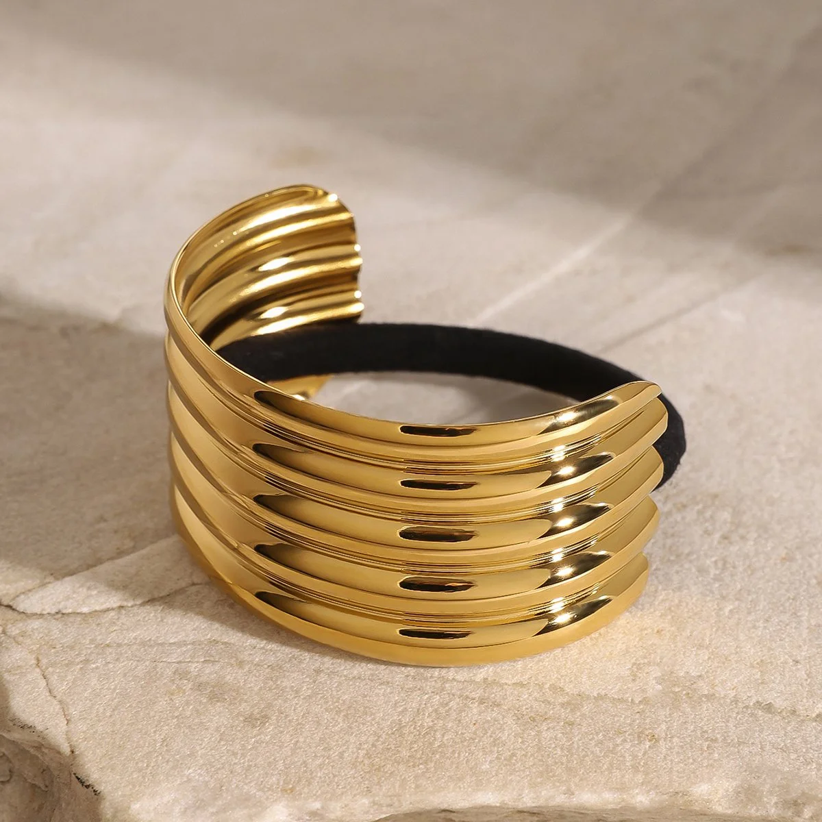 Stainless Steel 18K Gold Plated Multi Layers Glossy Black Hair Bands