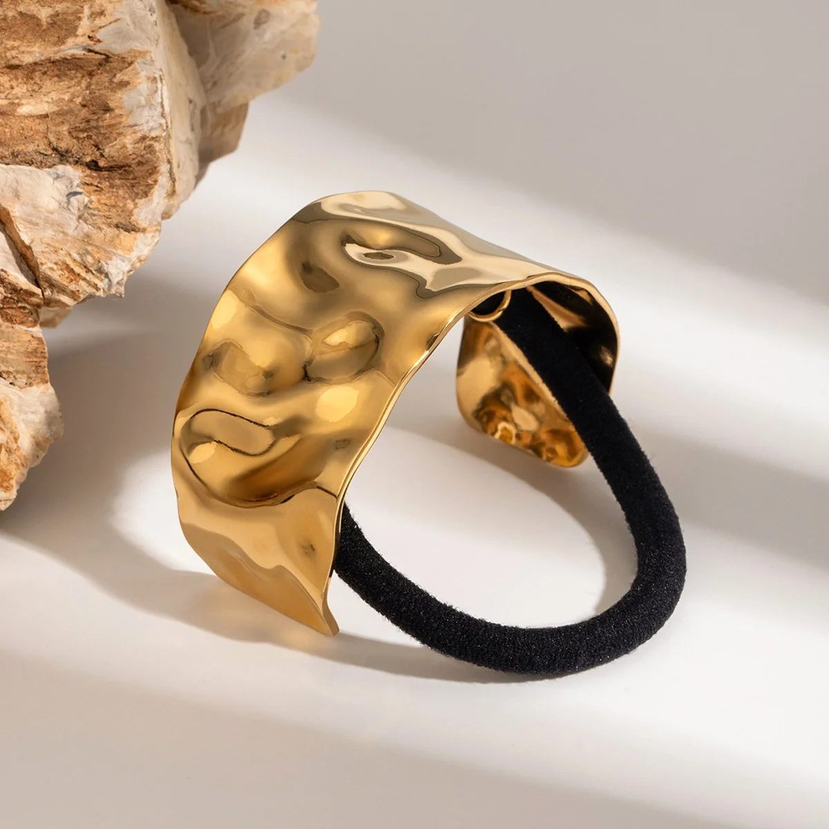 Stainless Steel 18K Gold Plated Hammer Grain Black Rubber Hair Bands