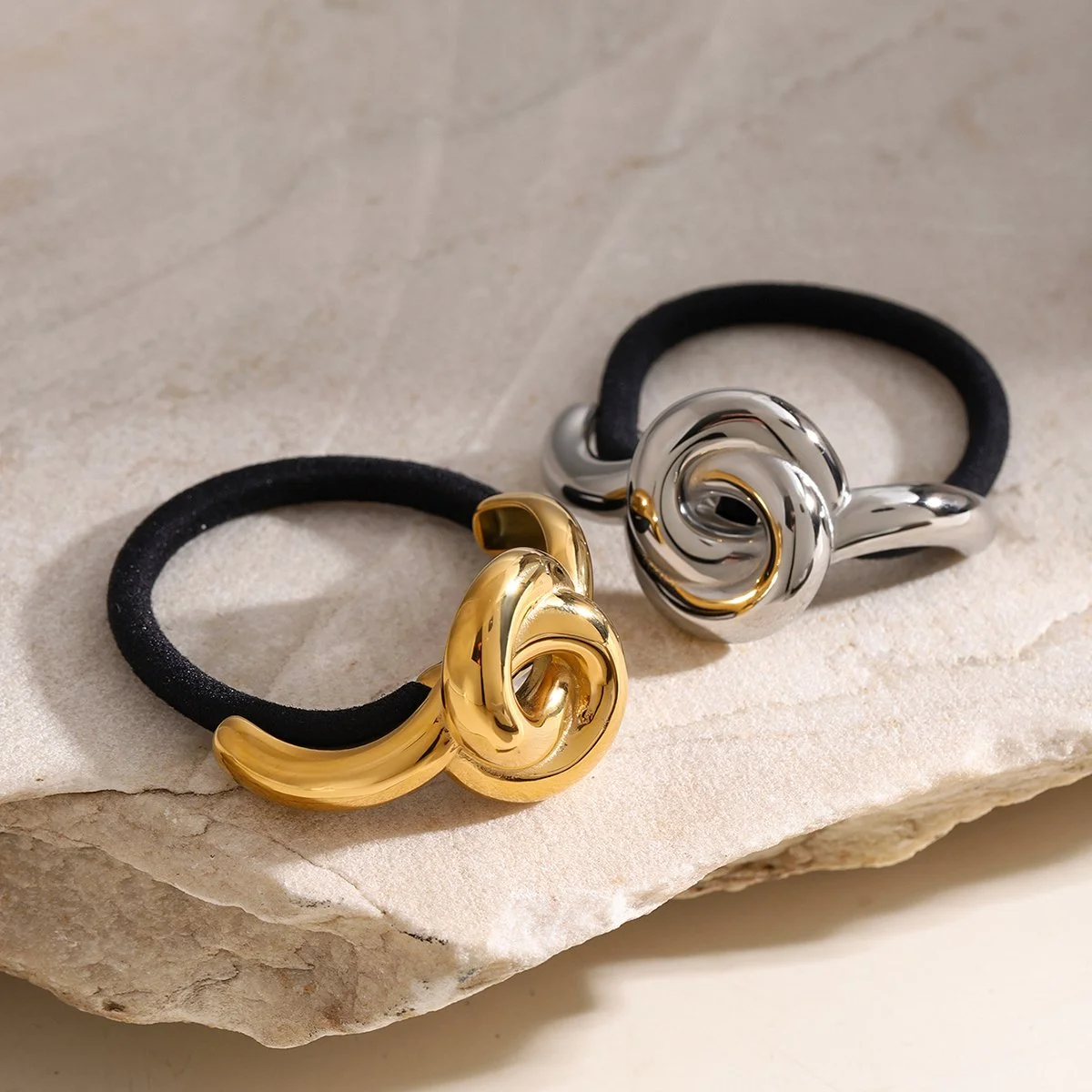 18K Gold Plated Twist Around U-Shaped Arc Black Rubber Hairbands