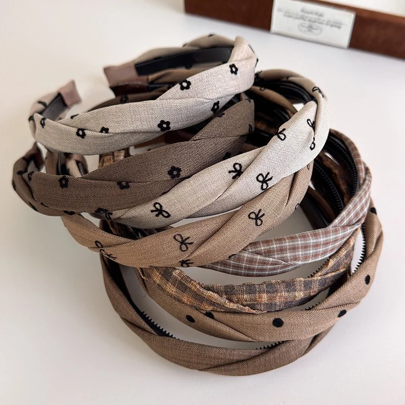 Retro Coffee Color Plaid Headbands - Stylish Bow Twist Hair Accessories