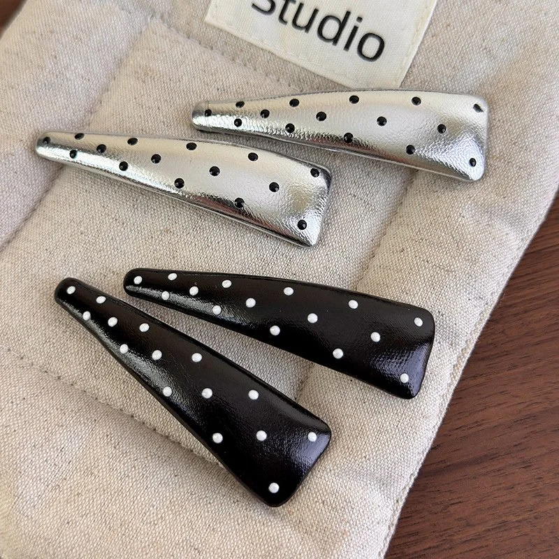 Chic Silver Leather Hair Clips with Polka Dots - Stylish Barrettes