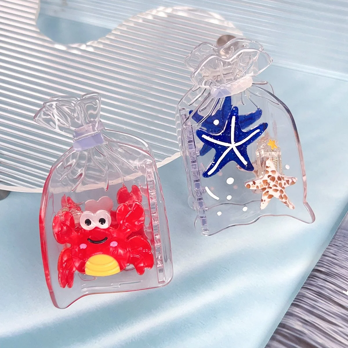 Transparent Shark Clip with Drift Bottle and Starfish Design - Hair Accessories