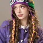Winter Color-Blocked Crocheted Ear-Flap Beanie with Decorative Goggles