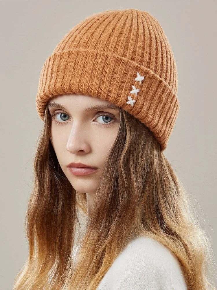 Women’s Winter Wool Ribbed Knit Beanie with Contrast Cross Embroidery