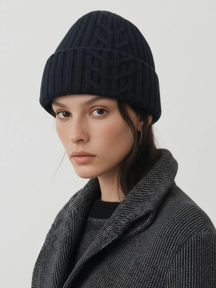 Women’s 100% Cashmere Diamond Knit Beanie – Thick Winter Hat
