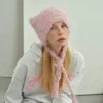 Color Dot Strap Cat Ear Knit Beanie – Cute Warm Winter Hat