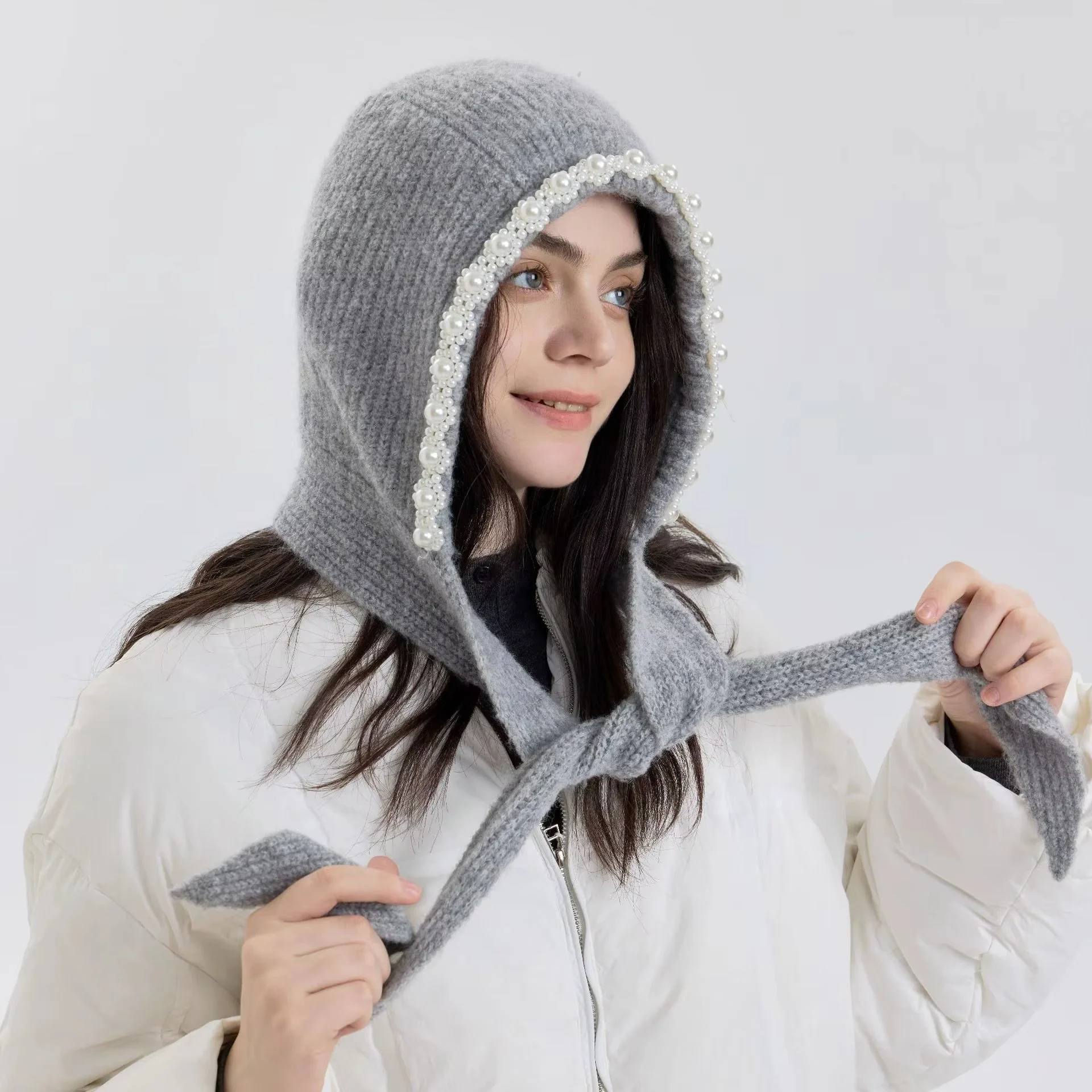 Korean Style Pearl Knit Earflap Beanie Hood – Warm Winter Hat