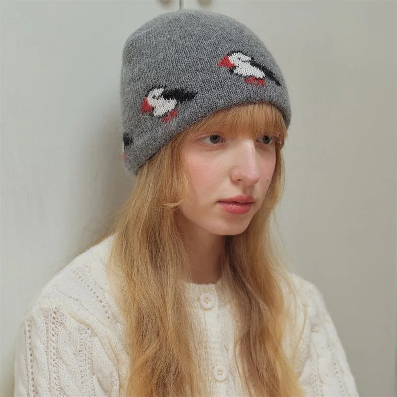 Retro Bird Pattern Rabbit Hair Knit Beanie